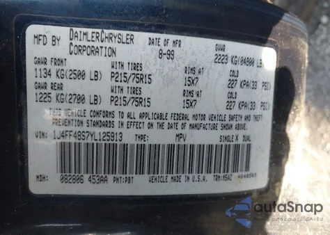 2000 Jeep Cherokee Sport из США, поврежденный, VIN 1J4FF48S7YL125913